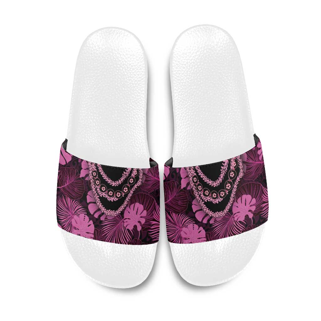 Pink Hawaii Kukui Nut Lei Slide Sandals Hawaiian Pattern Monstera Tropical Vibes - Polynesian Pride