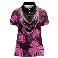 Pink Hawaii Kukui Nut Lei Women Polo Shirt Hawaiian Pattern Monstera Tropical Vibes - Polynesian Pride