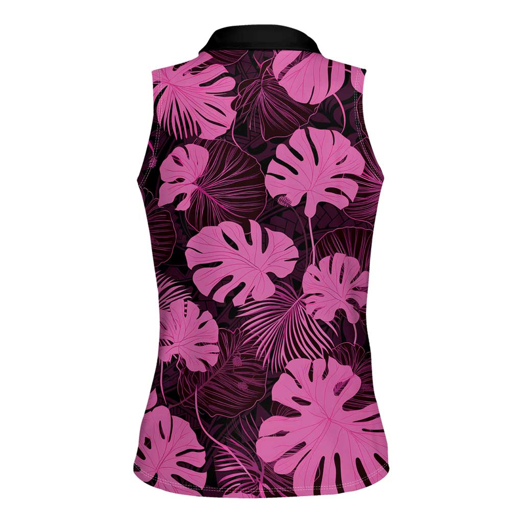 Pink Hawaii Kukui Nut Lei Women Sleeveless Polo Shirt Hawaiian Pattern Monstera Tropical Vibes - Polynesian Pride