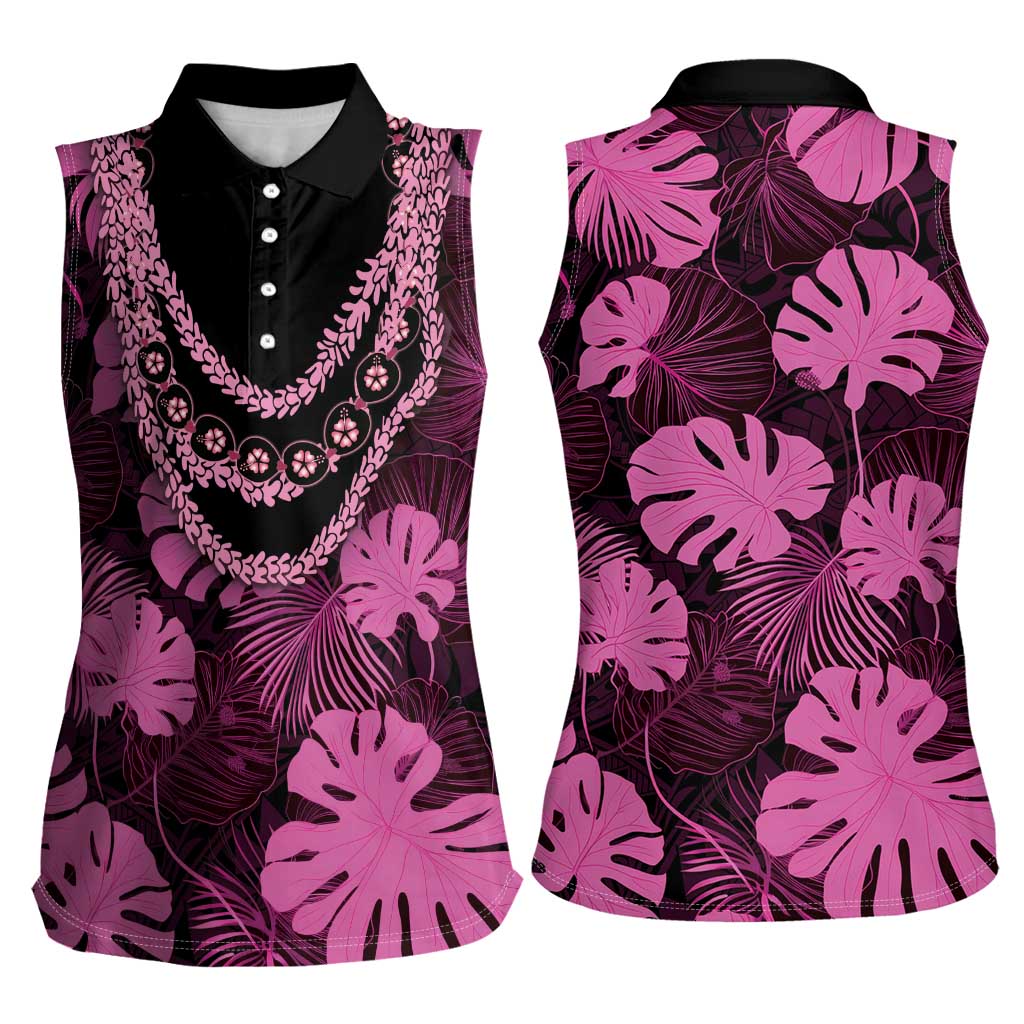 Pink Hawaii Kukui Nut Lei Women Sleeveless Polo Shirt Hawaiian Pattern Monstera Tropical Vibes - Polynesian Pride