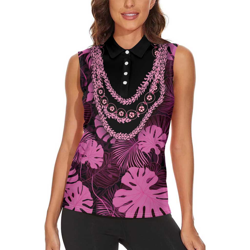 Pink Hawaii Kukui Nut Lei Women Sleeveless Polo Shirt Hawaiian Pattern Monstera Tropical Vibes - Polynesian Pride