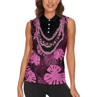 Pink Hawaii Kukui Nut Lei Women Sleeveless Polo Shirt Hawaiian Pattern Monstera Tropical Vibes - Polynesian Pride