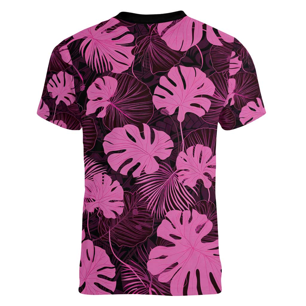 Pink Hawaii Kukui Nut Lei Women V-Neck T-Shirt Hawaiian Pattern Monstera Tropical Vibes - Polynesian Pride