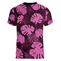 Pink Hawaii Kukui Nut Lei Women V-Neck T-Shirt Hawaiian Pattern Monstera Tropical Vibes - Polynesian Pride