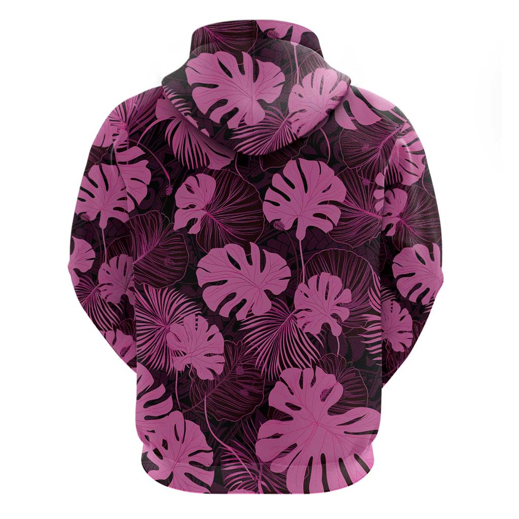 Pink Hawaii Kukui Nut Lei Zip Hoodie Hawaiian Pattern Monstera Tropical Vibes - Polynesian Pride