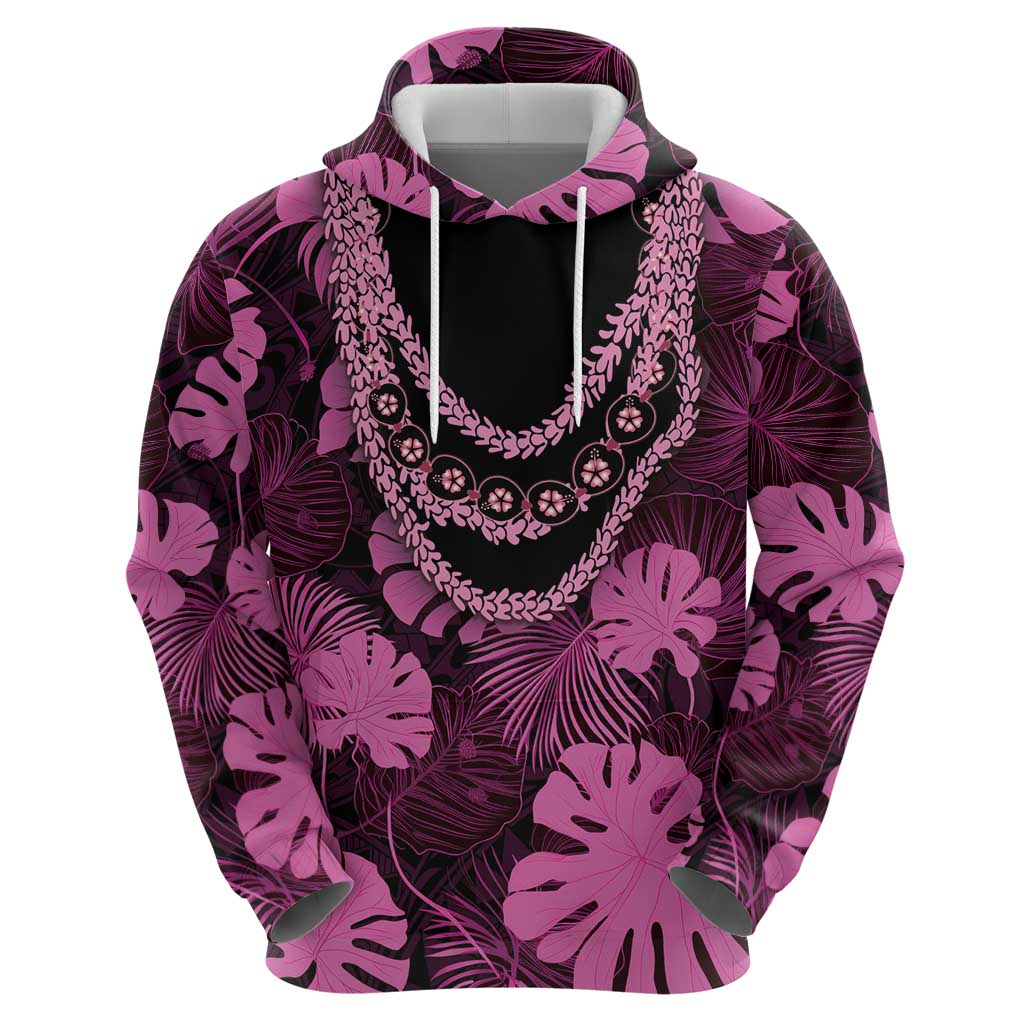 Pink Hawaii Kukui Nut Lei Zip Hoodie Hawaiian Pattern Monstera Tropical Vibes - Polynesian Pride