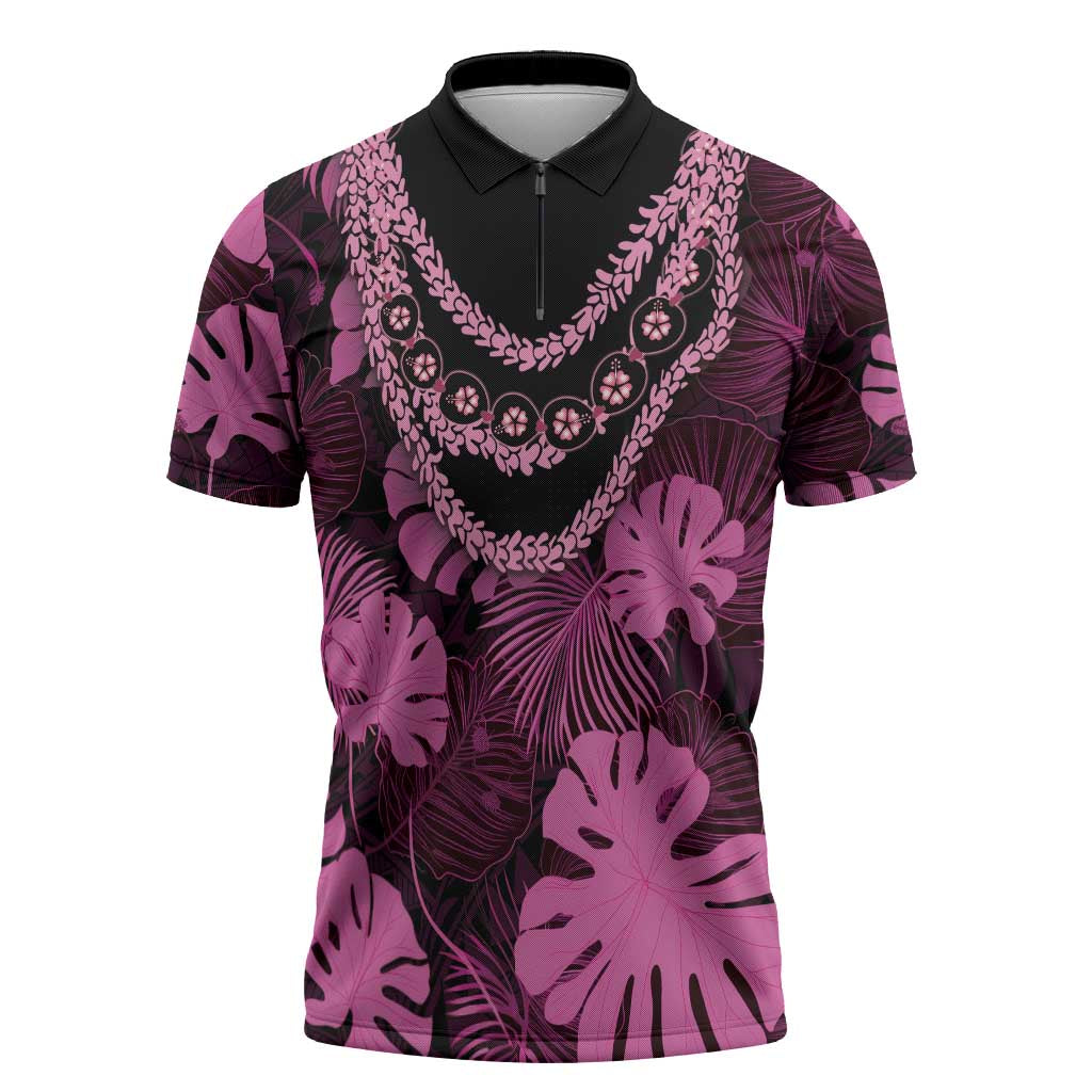 Pink Hawaii Kukui Nut Lei Zipper Polo Shirt Hawaiian Pattern Monstera Tropical Vibes - Polynesian Pride