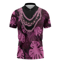 Pink Hawaii Kukui Nut Lei Zipper Polo Shirt Hawaiian Pattern Monstera Tropical Vibes - Polynesian Pride