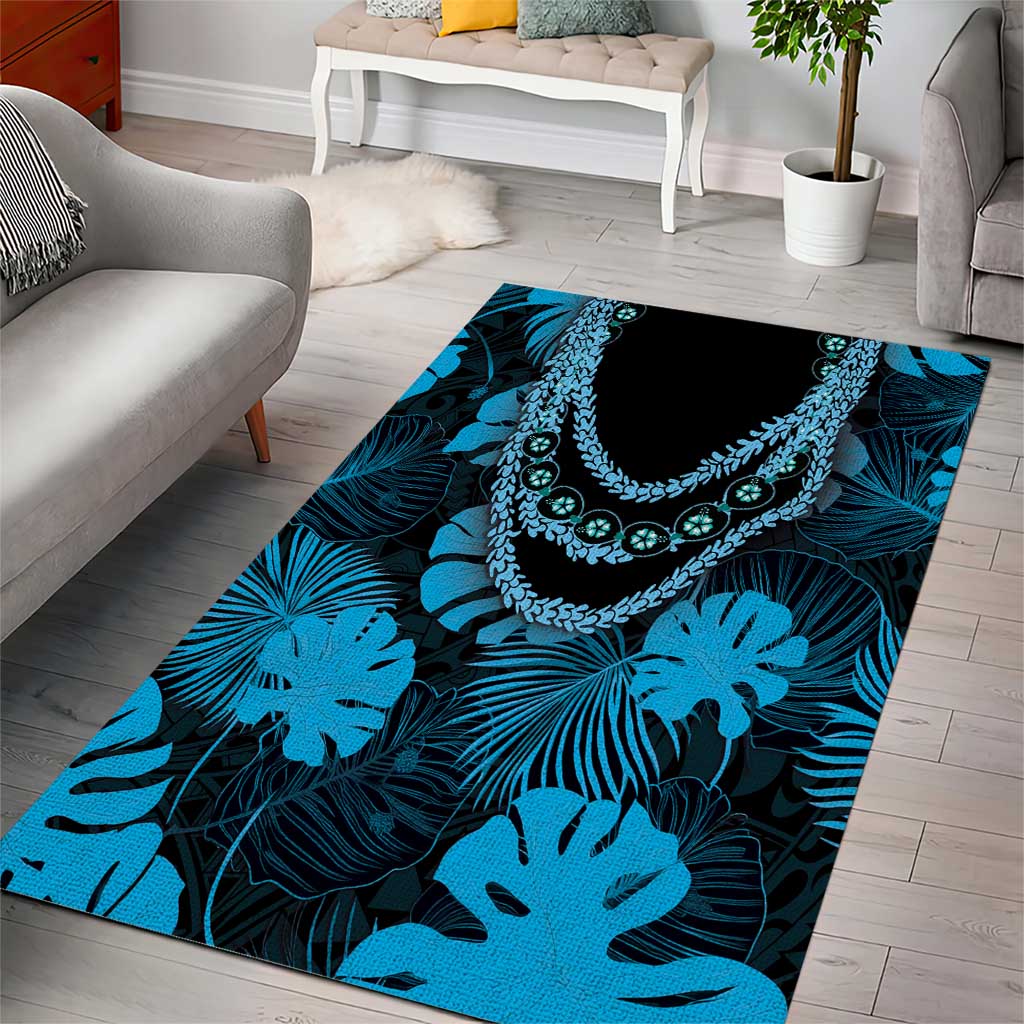 Blue Hawaii Kukui Nut Lei Area Rug Hawaiian Pattern Monstera Tropical Vibes - Polynesian Pride