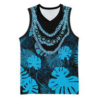 Blue Hawaii Kukui Nut Lei Basketball Jersey Hawaiian Pattern Monstera Tropical Vibes - Polynesian Pride