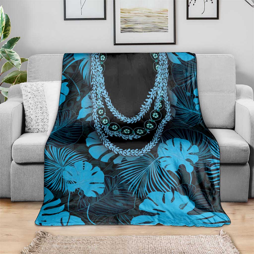 Blue Hawaii Kukui Nut Lei Blanket Hawaiian Pattern Monstera Tropical Vibes - Polynesian Pride