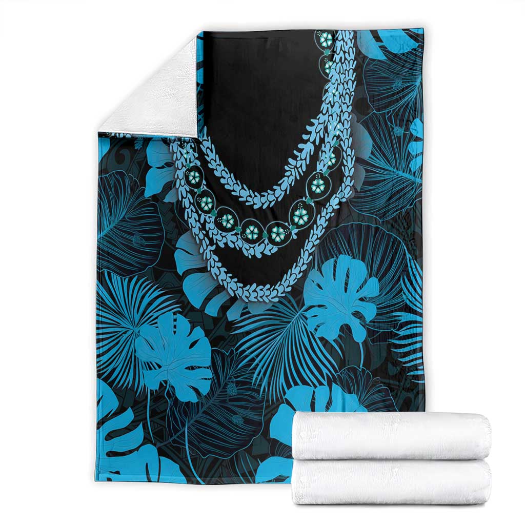 Blue Hawaii Kukui Nut Lei Blanket Hawaiian Pattern Monstera Tropical Vibes - Polynesian Pride