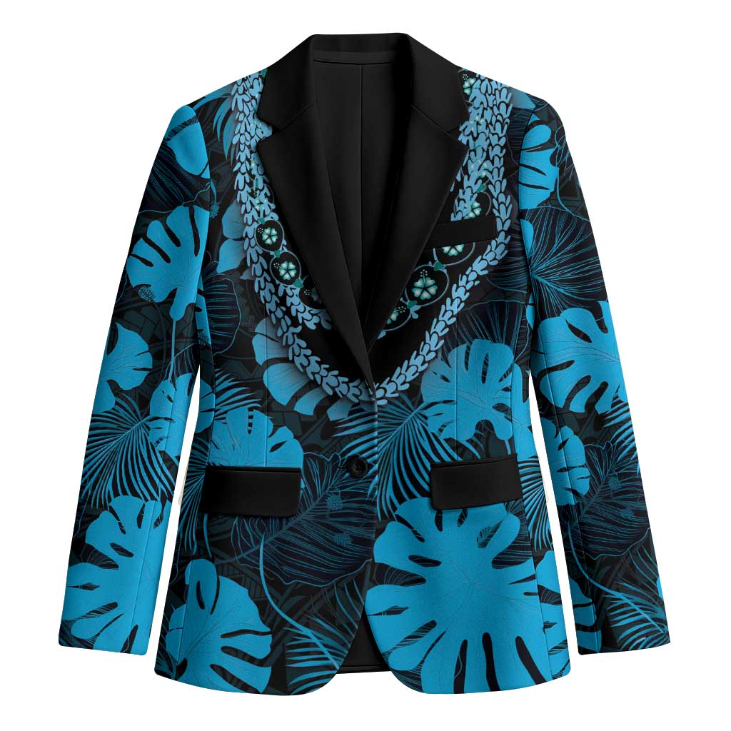 Blue Hawaii Kukui Nut Lei Blazer Hawaiian Pattern Monstera Tropical Vibes - Polynesian Pride