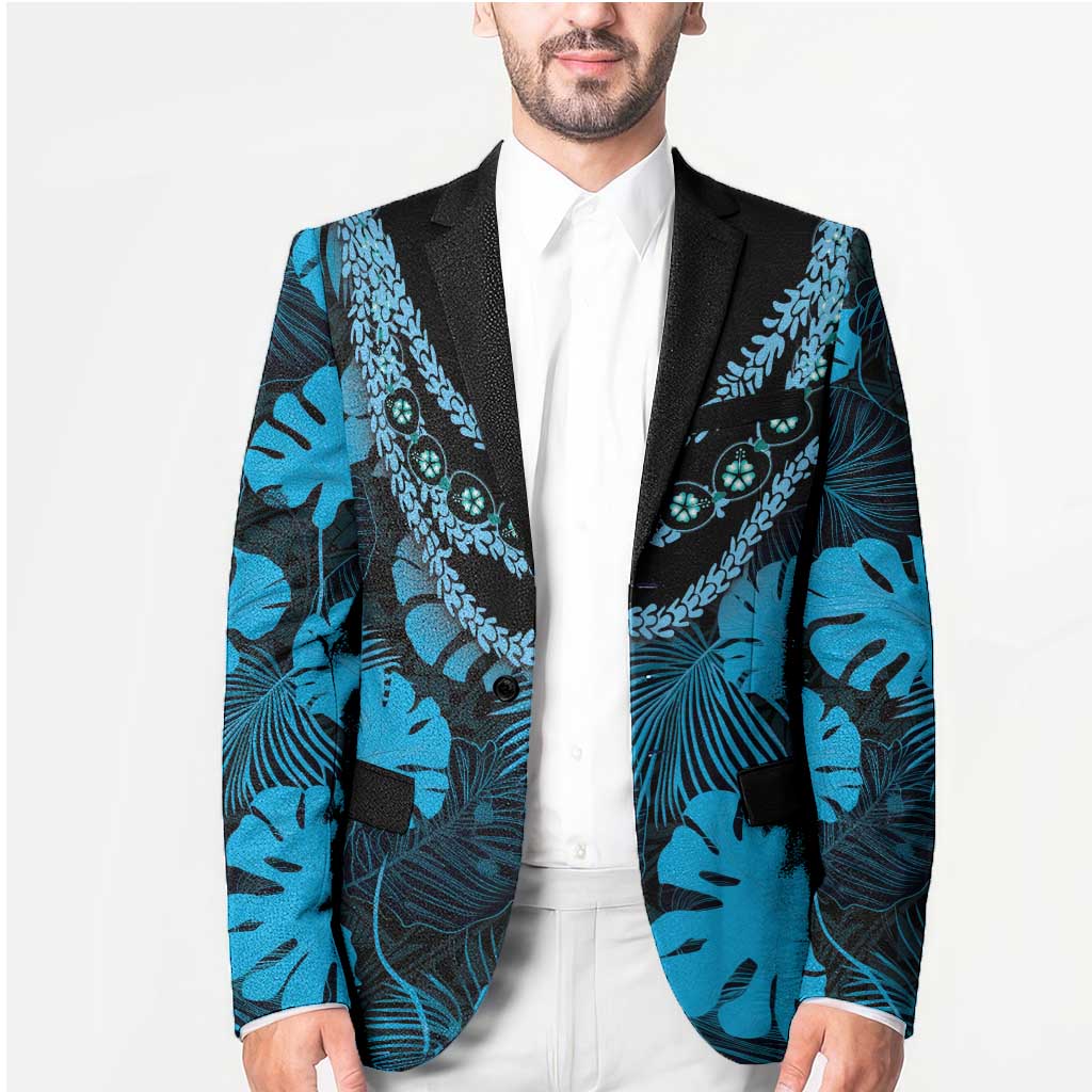 Blue Hawaii Kukui Nut Lei Blazer Hawaiian Pattern Monstera Tropical Vibes - Polynesian Pride