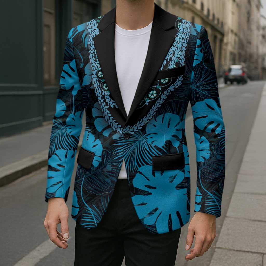 Blue Hawaii Kukui Nut Lei Blazer Hawaiian Pattern Monstera Tropical Vibes - Polynesian Pride
