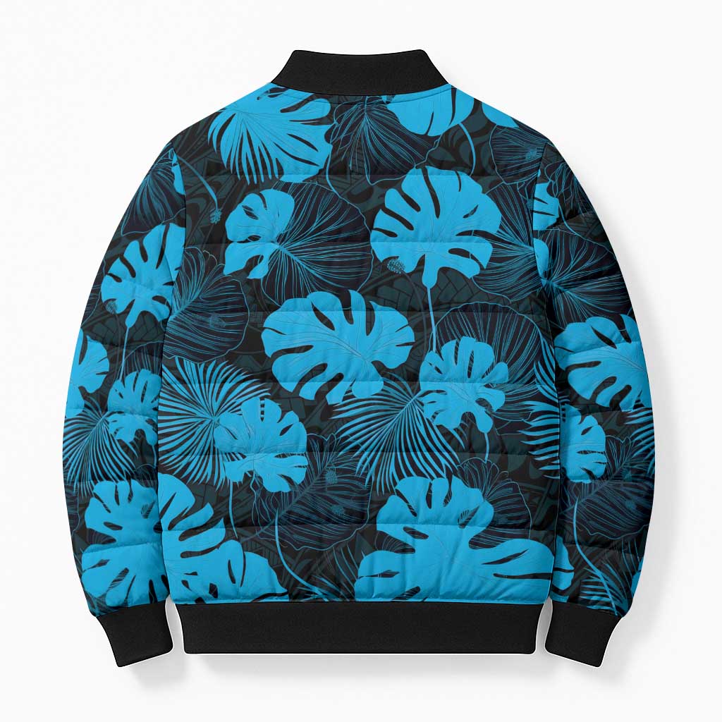 Blue Hawaii Kukui Nut Lei Bomber Puffer Jacket Hawaiian Pattern Monstera Tropical Vibes - Polynesian Pride