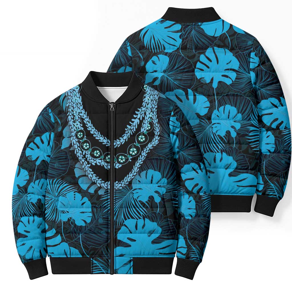 Blue Hawaii Kukui Nut Lei Bomber Puffer Jacket Hawaiian Pattern Monstera Tropical Vibes - Polynesian Pride