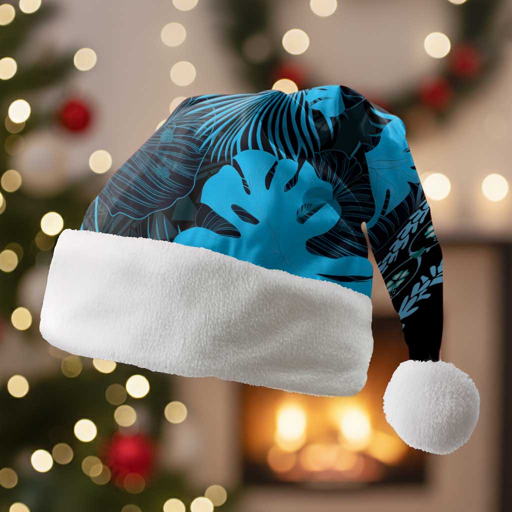 Blue Hawaii Kukui Nut Lei Christmas Santa Hat Hawaiian Pattern Monstera Tropical Vibes - Polynesian Pride