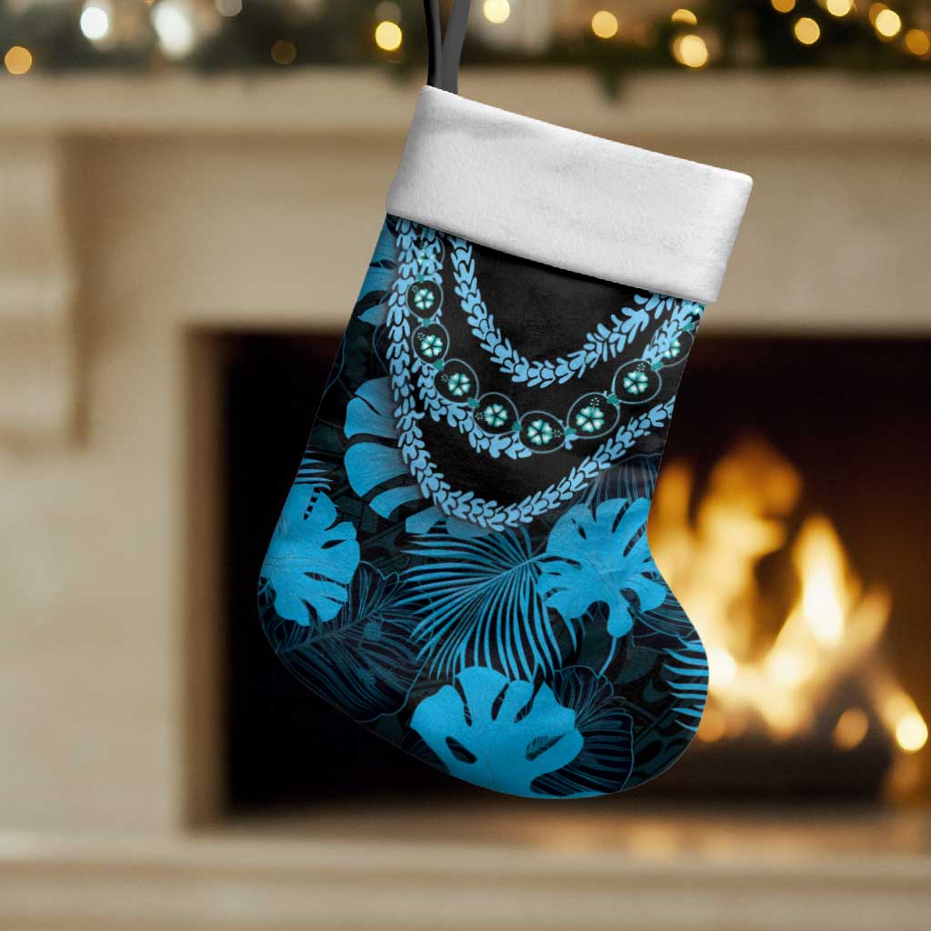 Blue Hawaii Kukui Nut Lei Christmas Stocking Hawaiian Pattern Monstera Tropical Vibes - Polynesian Pride