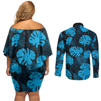 Blue Hawaii Kukui Nut Lei Couples Matching Off Shoulder Short Dress and Long Sleeve Button Shirt Hawaiian Pattern Monstera Tropical Vibes - Polynesian Pride