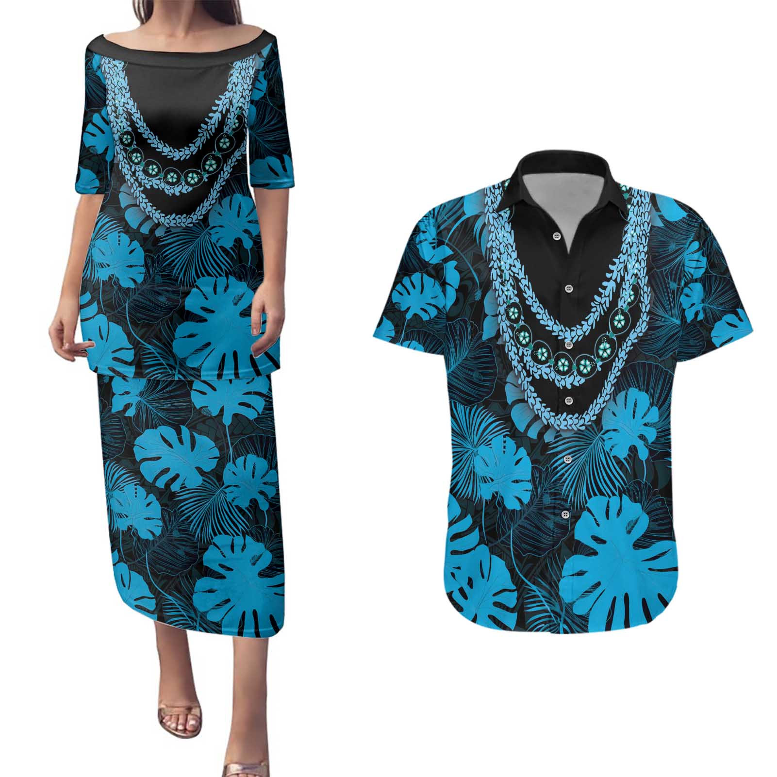 Blue Hawaii Kukui Nut Lei Couples Matching Puletasi and Hawaiian Shirt Hawaiian Pattern Monstera Tropical Vibes - Polynesian Pride