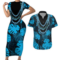Blue Hawaii Kukui Nut Lei Couples Matching Short Sleeve Bodycon Dress and Hawaiian Shirt Hawaiian Pattern Monstera Tropical Vibes - Polynesian Pride