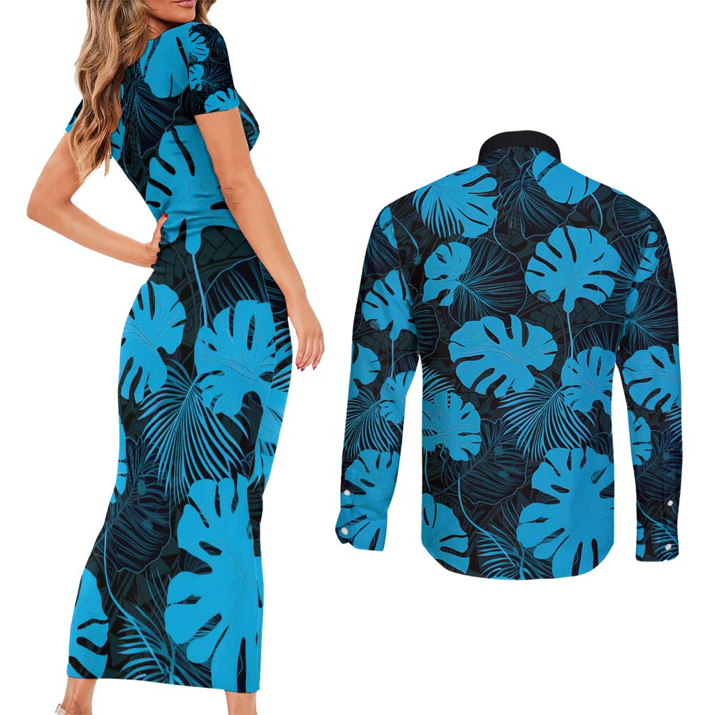 Blue Hawaii Kukui Nut Lei Couples Matching Short Sleeve Bodycon Dress and Long Sleeve Button Shirt Hawaiian Pattern Monstera Tropical Vibes - Polynesian Pride