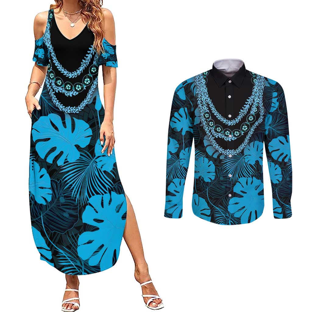 Blue Hawaii Kukui Nut Lei Couples Matching Summer Maxi Dress and Long Sleeve Button Shirt Hawaiian Pattern Monstera Tropical Vibes - Polynesian Pride