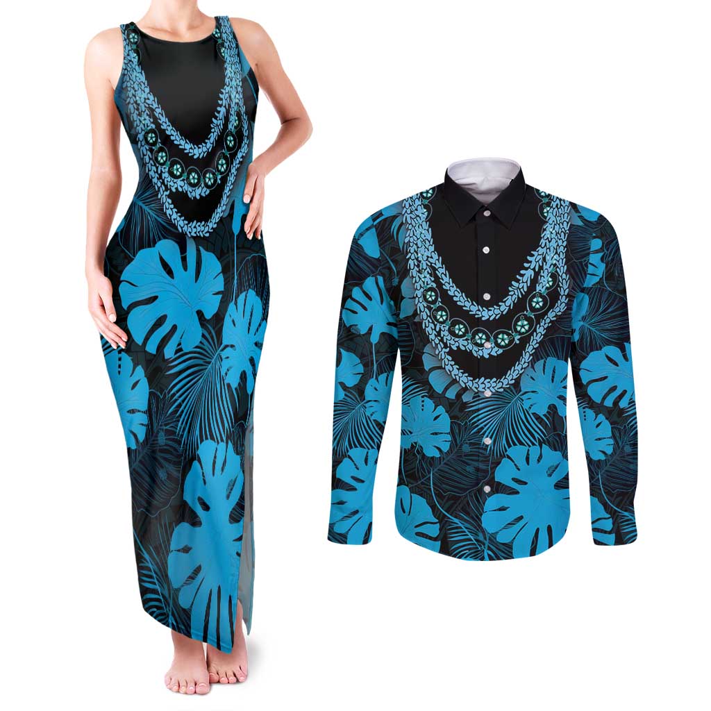 Blue Hawaii Kukui Nut Lei Couples Matching Tank Maxi Dress and Long Sleeve Button Shirt Hawaiian Pattern Monstera Tropical Vibes - Polynesian Pride