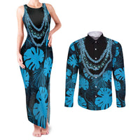 Blue Hawaii Kukui Nut Lei Couples Matching Tank Maxi Dress and Long Sleeve Button Shirt Hawaiian Pattern Monstera Tropical Vibes - Polynesian Pride