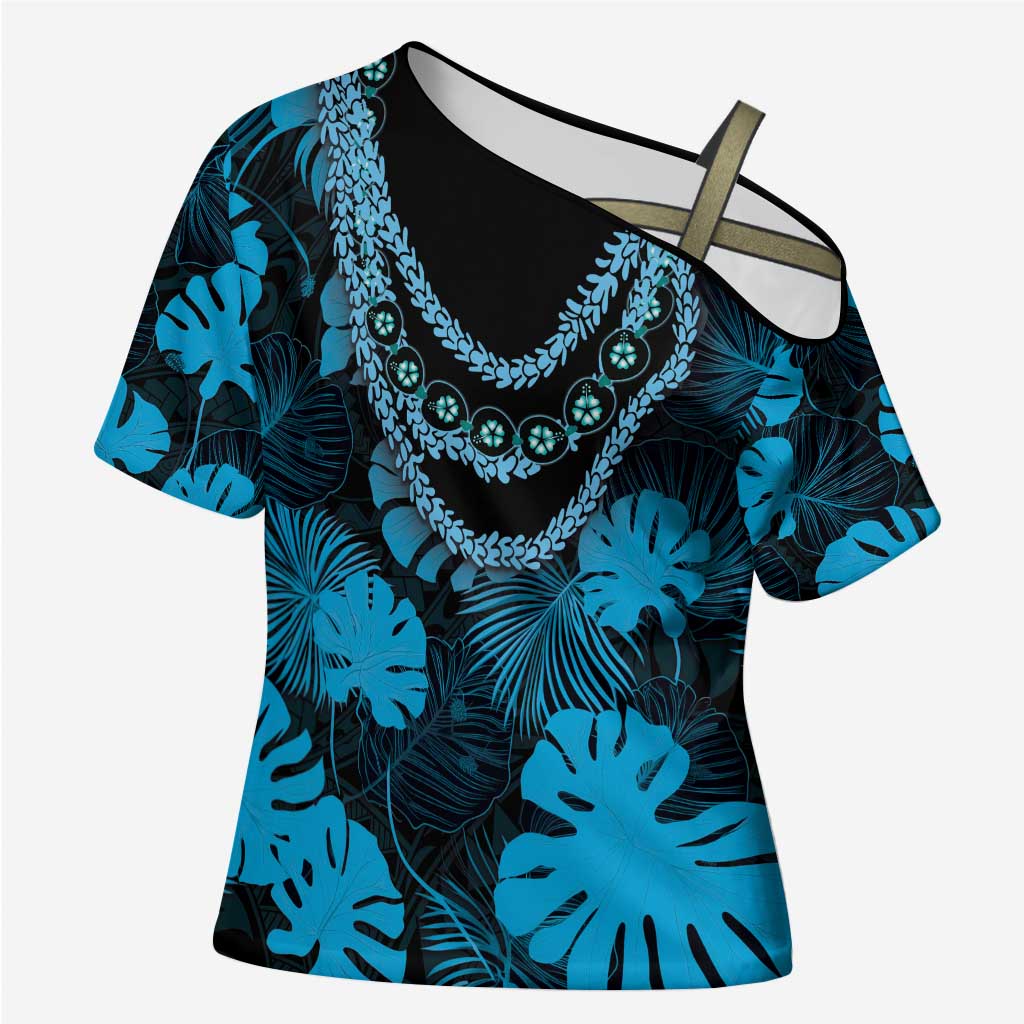 Blue Hawaii Kukui Nut Lei Cross Shoulder Shirt Hawaiian Pattern Monstera Tropical Vibes - Polynesian Pride