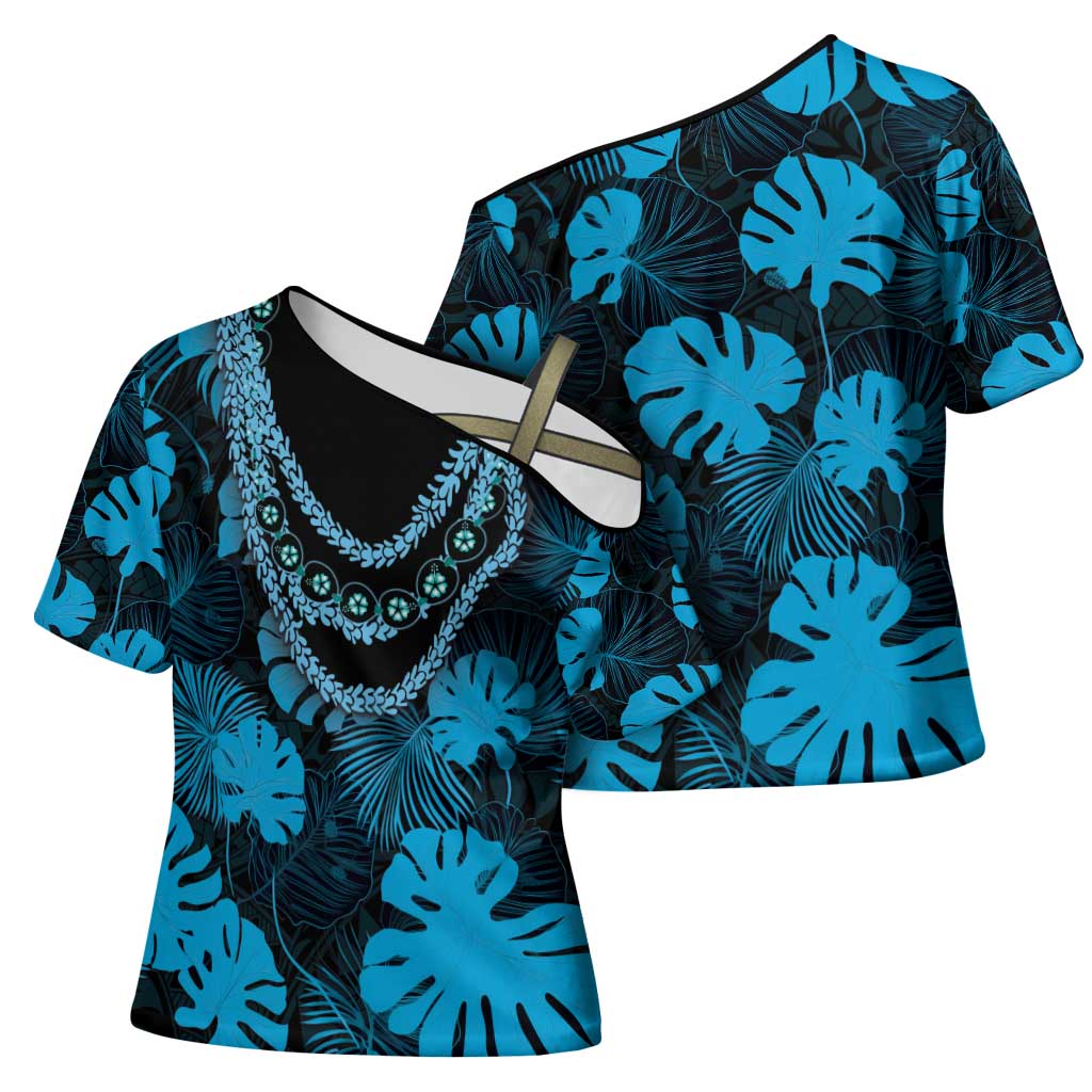 Blue Hawaii Kukui Nut Lei Cross Shoulder Shirt Hawaiian Pattern Monstera Tropical Vibes - Polynesian Pride