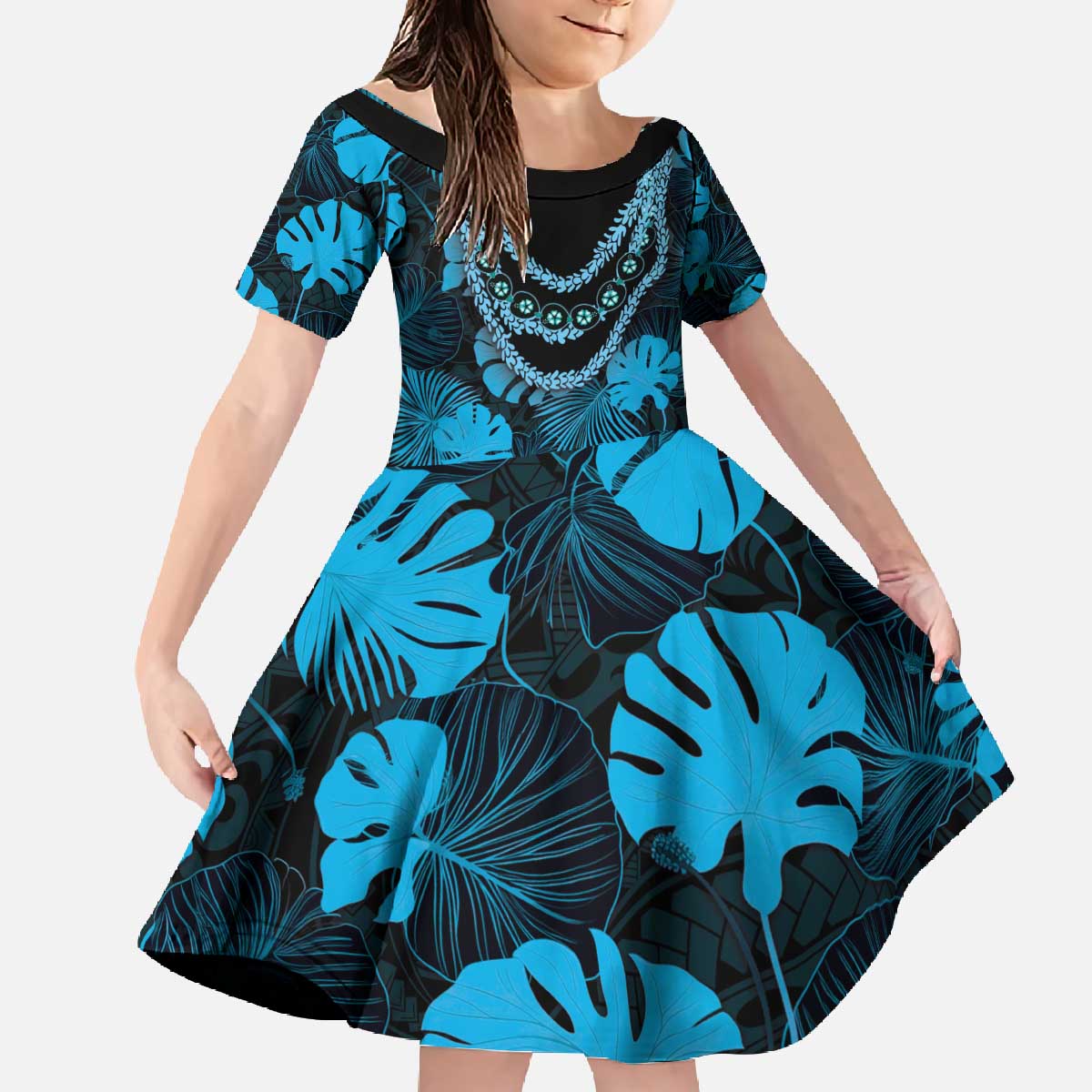 Blue Hawaii Kukui Nut Lei Family Matching Off The Shoulder Long Sleeve Dress and Hawaiian Shirt Hawaiian Pattern Monstera Tropical Vibes - Polynesian Pride