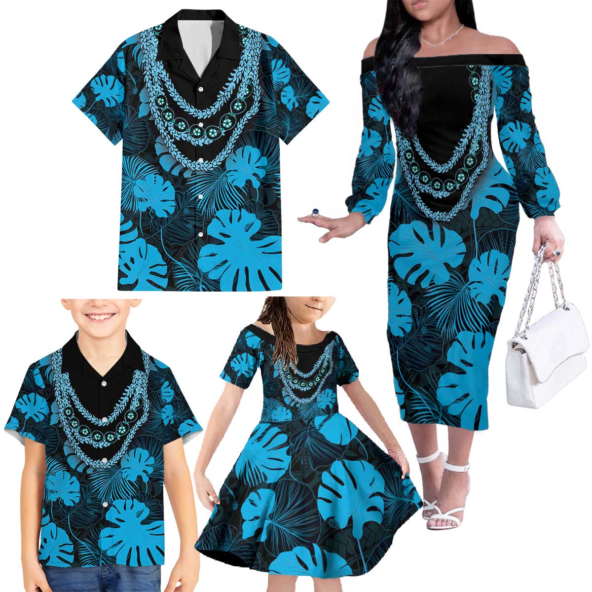 Blue Hawaii Kukui Nut Lei Family Matching Off The Shoulder Long Sleeve Dress and Hawaiian Shirt Hawaiian Pattern Monstera Tropical Vibes - Polynesian Pride