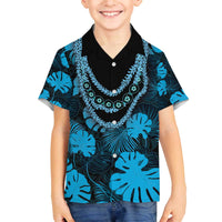 Blue Hawaii Kukui Nut Lei Family Matching Off The Shoulder Long Sleeve Dress and Hawaiian Shirt Hawaiian Pattern Monstera Tropical Vibes - Polynesian Pride