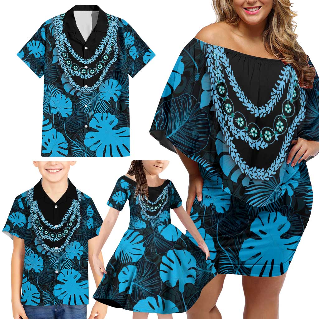 Blue Hawaii Kukui Nut Lei Family Matching Off Shoulder Short Dress and Hawaiian Shirt Hawaiian Pattern Monstera Tropical Vibes - Polynesian Pride