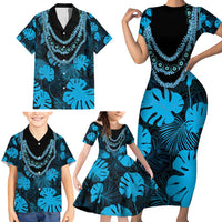 Blue Hawaii Kukui Nut Lei Family Matching Short Sleeve Bodycon Dress and Hawaiian Shirt Hawaiian Pattern Monstera Tropical Vibes - Polynesian Pride