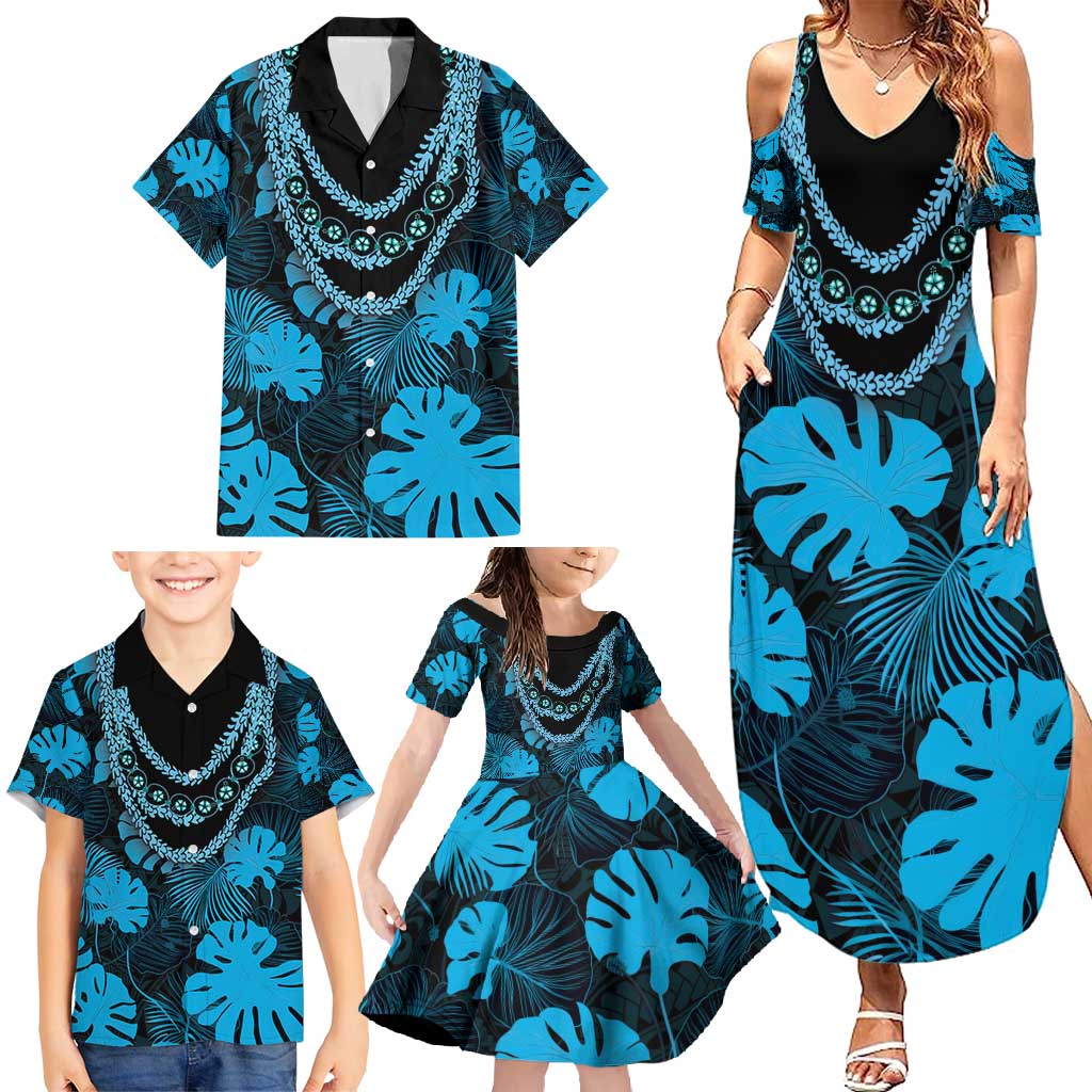 Blue Hawaii Kukui Nut Lei Family Matching Summer Maxi Dress and Hawaiian Shirt Hawaiian Pattern Monstera Tropical Vibes - Polynesian Pride
