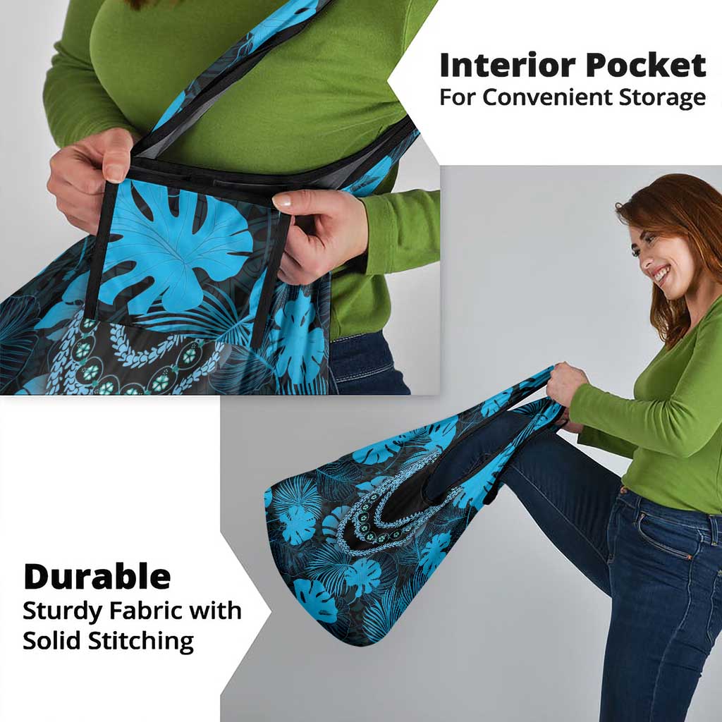 Blue Hawaii Kukui Nut Lei Grocery Bag Hawaiian Pattern Monstera Tropical Vibes - Polynesian Pride