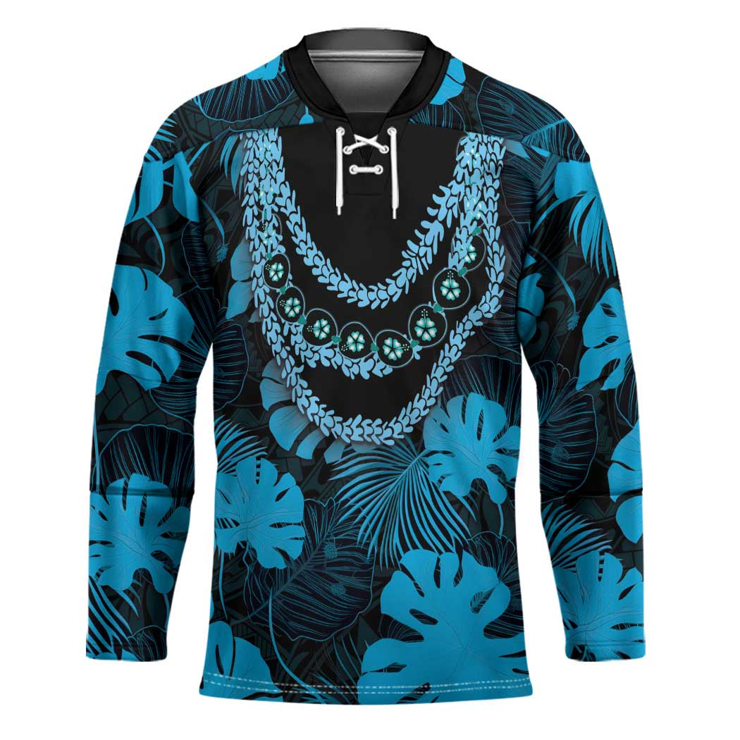 Blue Hawaii Kukui Nut Lei Hockey Jersey Hawaiian Pattern Monstera Tropical Vibes - Polynesian Pride