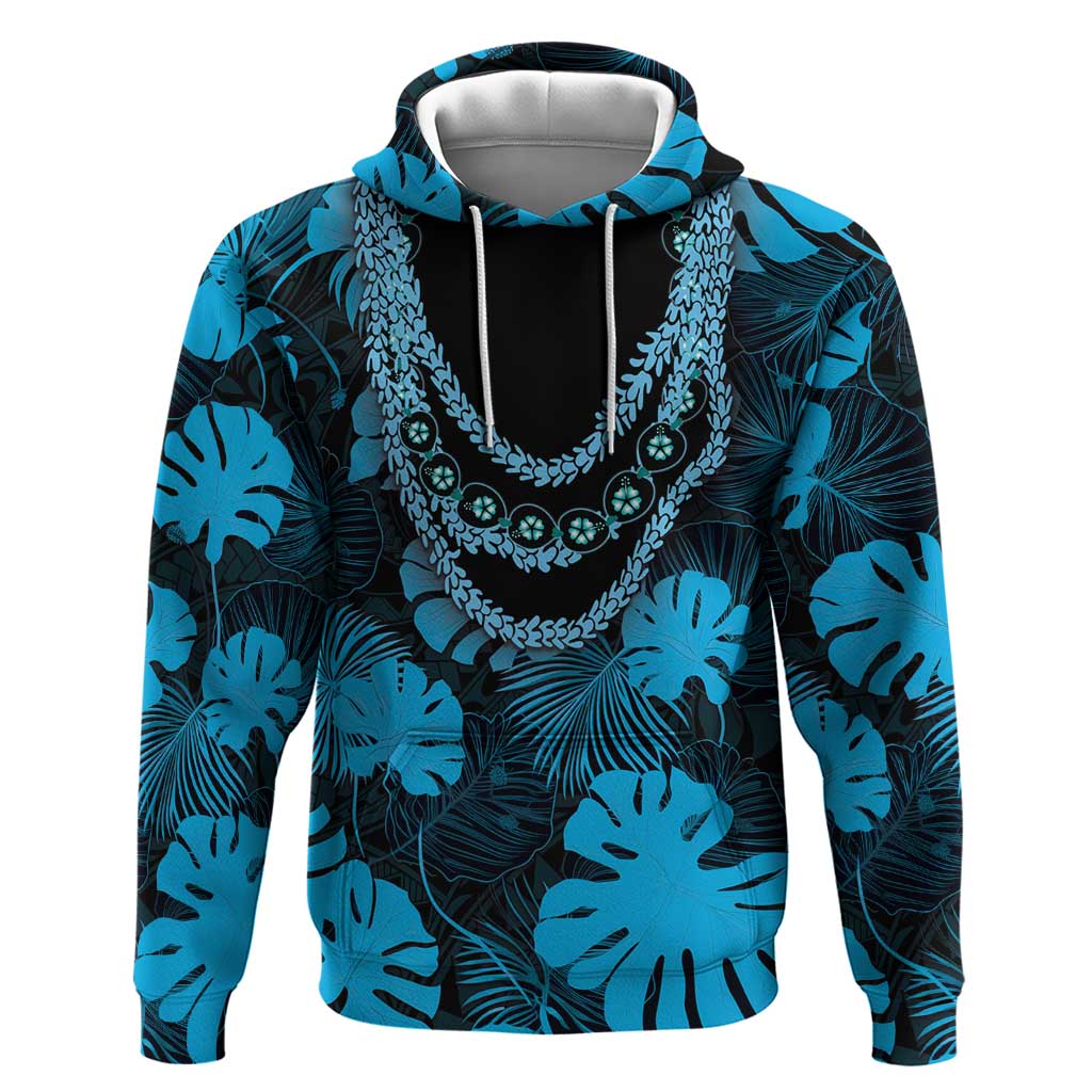 Blue Hawaii Kukui Nut Lei Hoodie Hawaiian Pattern Monstera Tropical Vibes - Polynesian Pride