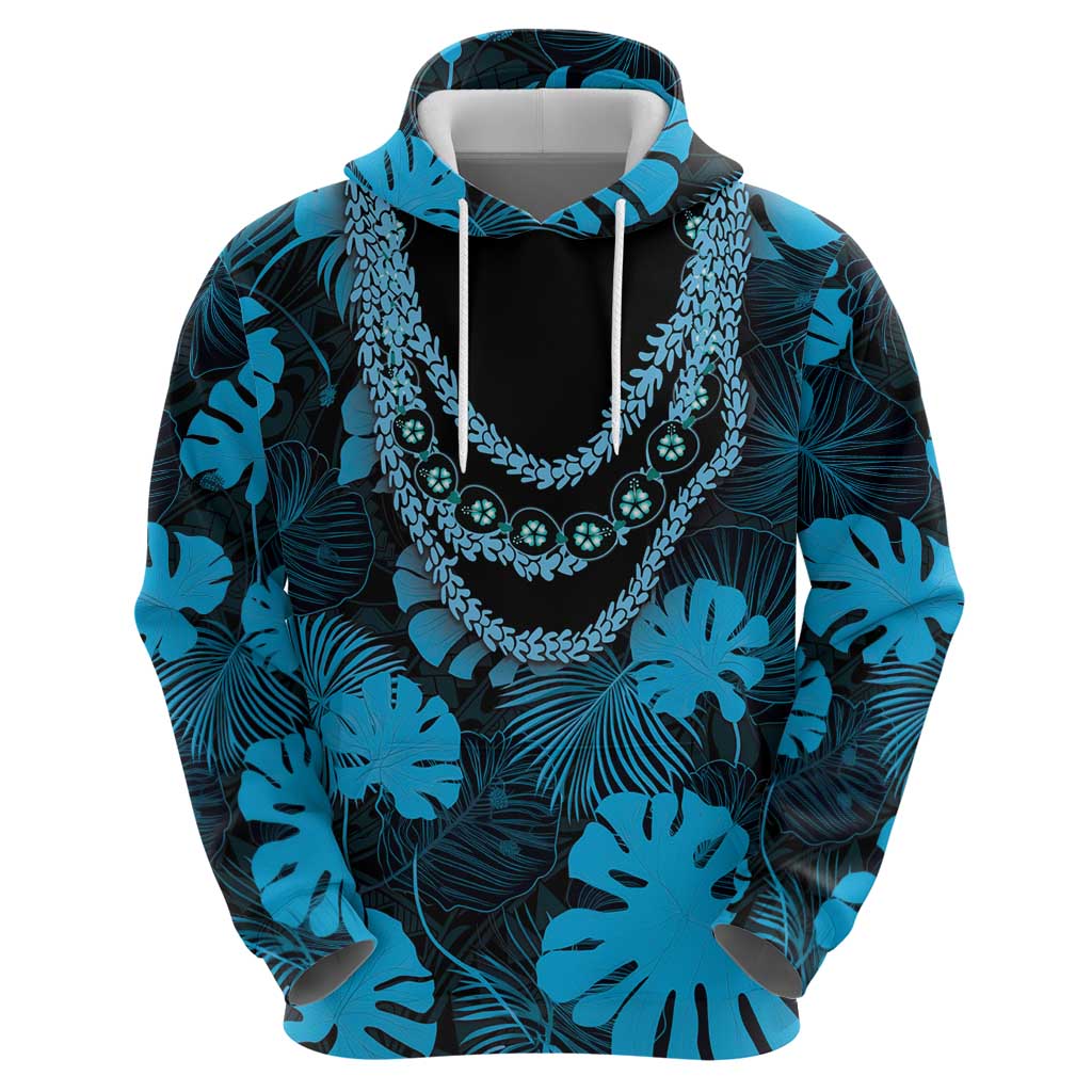 Blue Hawaii Kukui Nut Lei Hoodie Hawaiian Pattern Monstera Tropical Vibes - Polynesian Pride