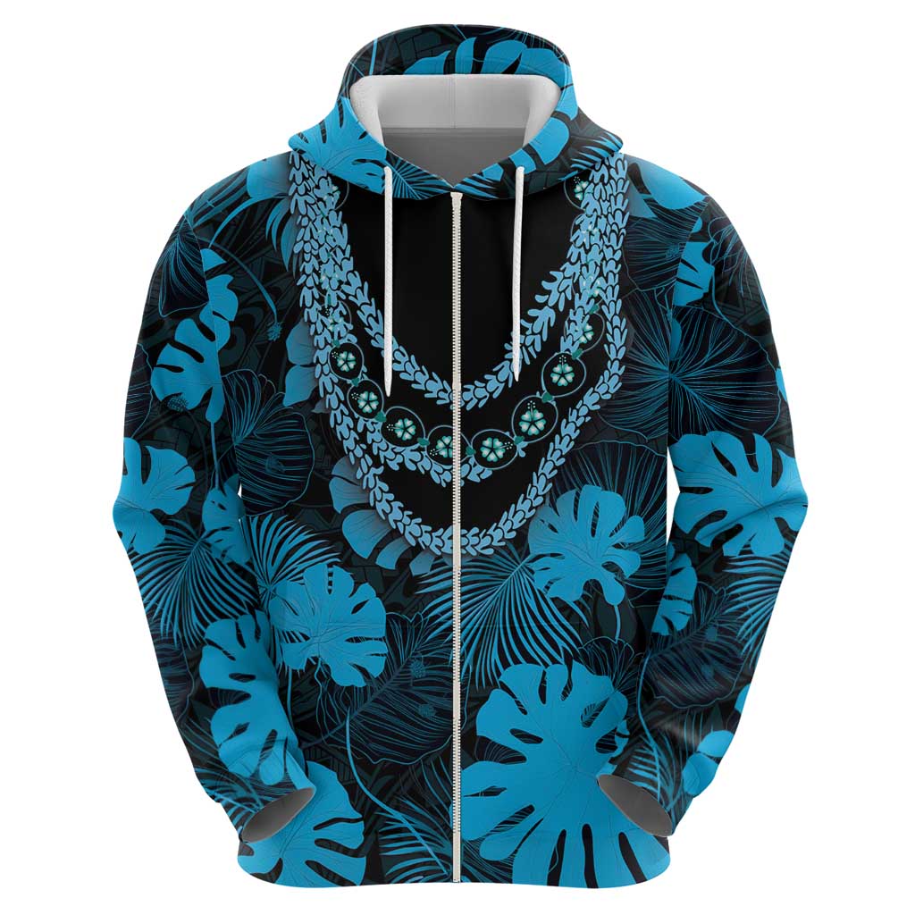Blue Hawaii Kukui Nut Lei Hoodie Hawaiian Pattern Monstera Tropical Vibes - Polynesian Pride