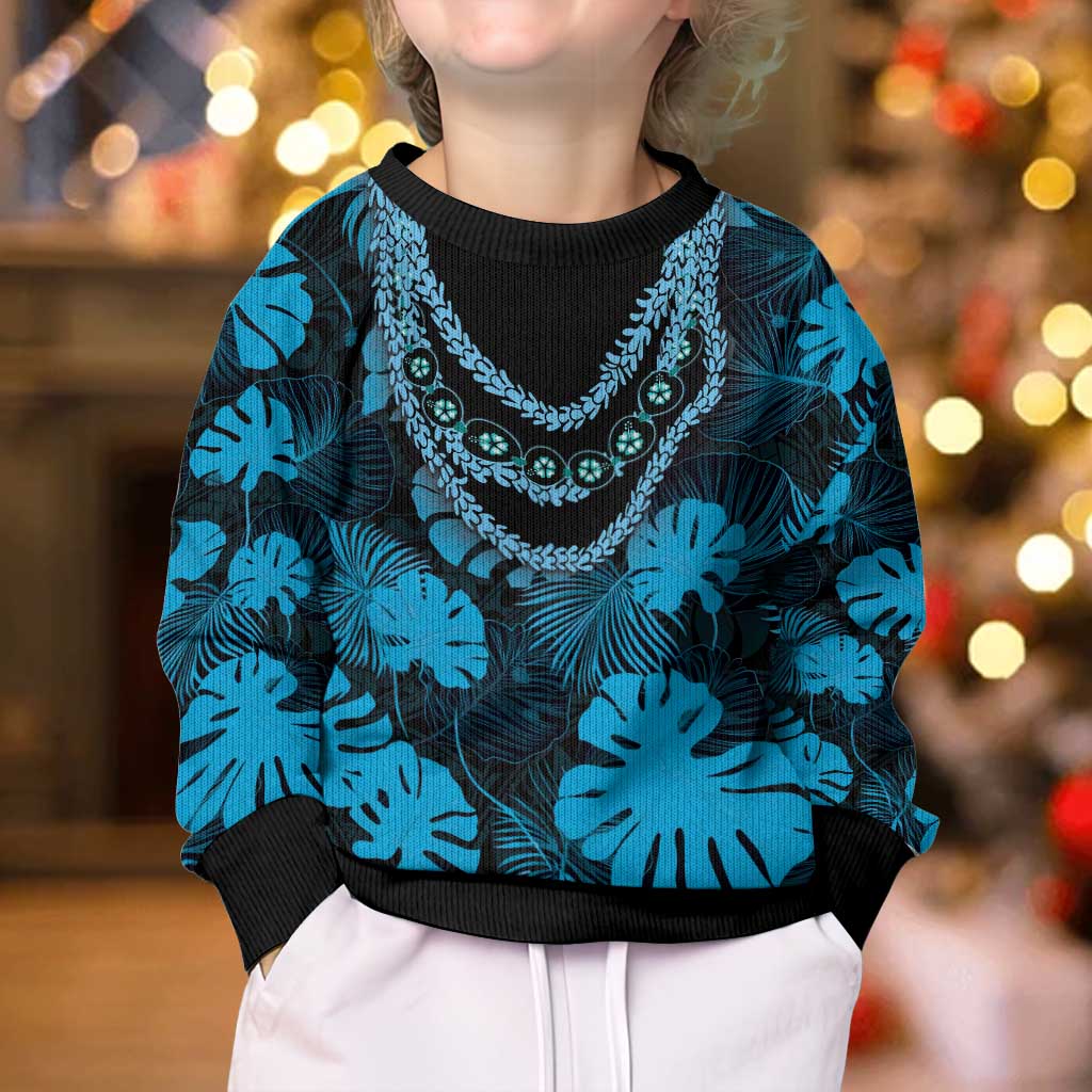 Blue Hawaii Kukui Nut Lei Kid Ugly Christmas Sweater Hawaiian Pattern Monstera Tropical Vibes - Polynesian Pride