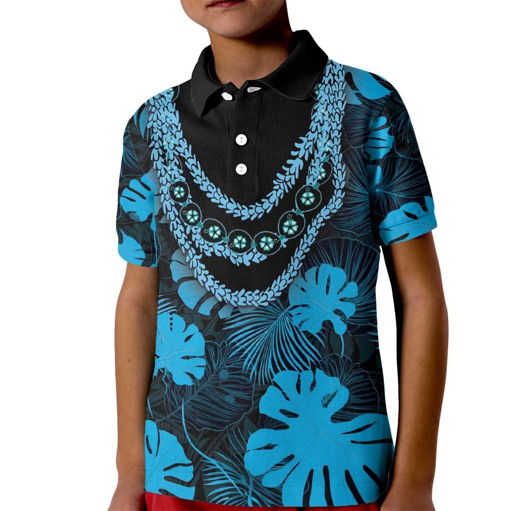 Blue Hawaii Kukui Nut Lei Kid Polo Shirt Hawaiian Pattern Monstera Tropical Vibes - Polynesian Pride