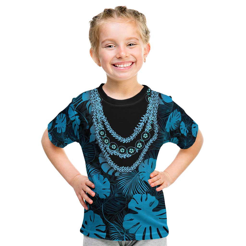 Blue Hawaii Kukui Nut Lei Kid T Shirt Hawaiian Pattern Monstera Tropical Vibes - Polynesian Pride