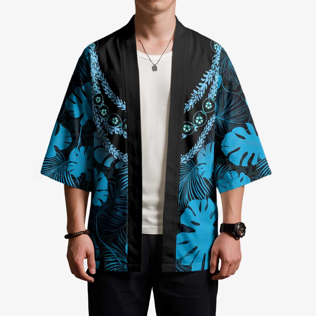 Blue Hawaii Kukui Nut Lei Kimono Hawaiian Pattern Monstera Tropical Vibes - Polynesian Pride
