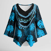 Blue Hawaii Kukui Nut Lei Kimono Sleeve Blouse Hawaiian Pattern Monstera Tropical Vibes - Polynesian Pride