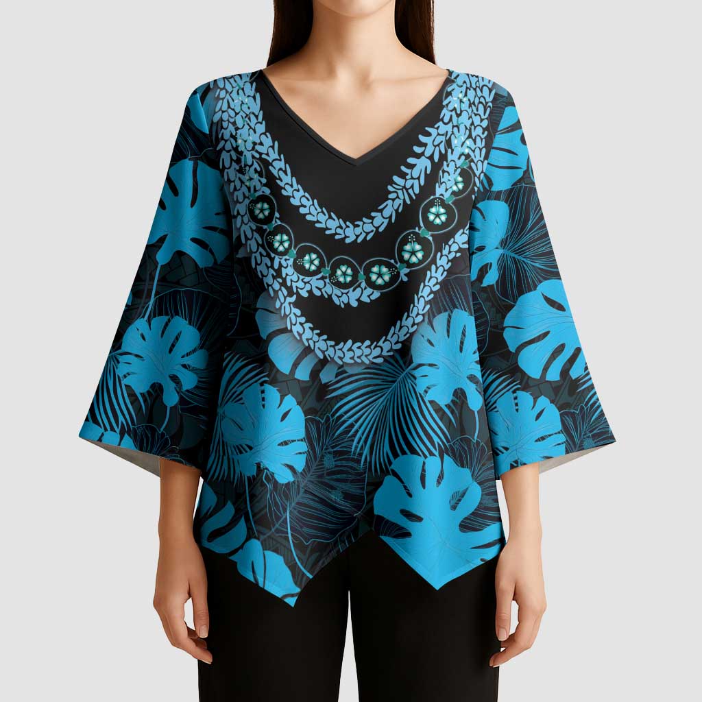 Blue Hawaii Kukui Nut Lei Kimono Sleeve Blouse Hawaiian Pattern Monstera Tropical Vibes - Polynesian Pride