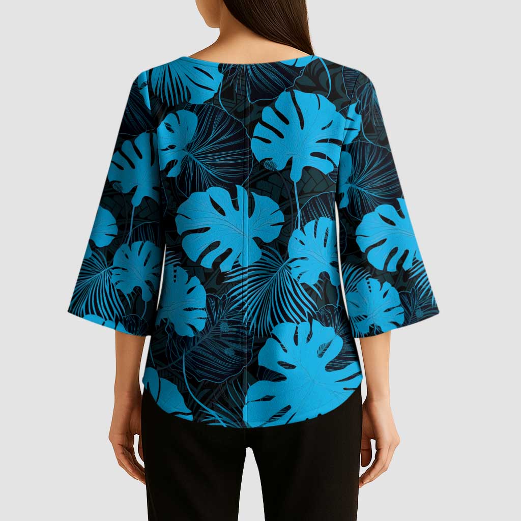 Blue Hawaii Kukui Nut Lei Kimono Sleeve Blouse Hawaiian Pattern Monstera Tropical Vibes - Polynesian Pride